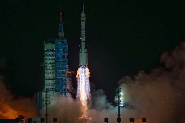 Shenzhou-19 spacecraft sitting atop a Long March rocket takes off from the Jiuquan Satellite Launch Center in Jiuquan, northwestern China in the early hours of Wednesday, Oct. 30, 2024. (AP Photo/Ng Han Guan)