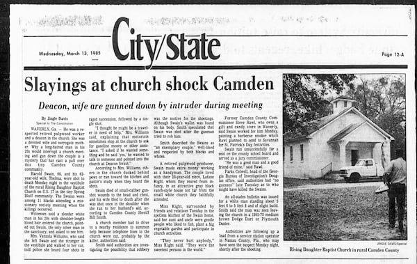 Atlanta Constitution clipping from 1985 about the murder of Harold and Thelma Swaine at Rising Daughter Baptist Church in Waverly, Ga.