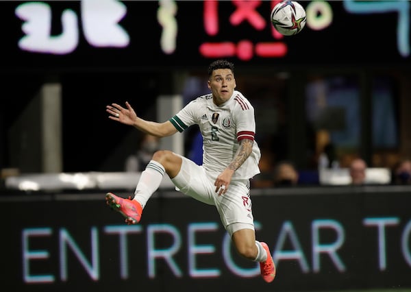 Mexico's Jorge Sanchez waits for the ball during the second half of the team's international friendly soccer match against Honduras on Saturday, June 12, 2021, in Atlanta. The match ended in a scoreless draw. (AP Photo/Ben Margot)