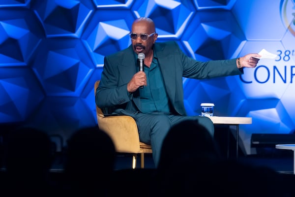 Comedian Steve Harvey moderated a conversation Friday with Vice President Kamala Harris during the 100 Black Men of America conference in Atlanta. (Ben Gray / Ben@BenGray.com)