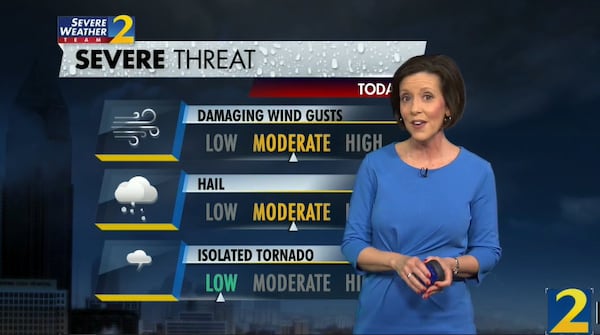 Channel 2 Action News meteorologist Jennifer Lopez said there is a moderate risk of damaging wind gusts and hail and a low risk of an isolated tornado Friday.