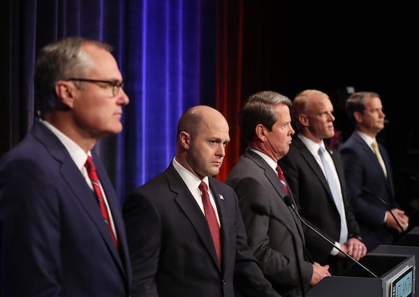 In May 2018, the Republican candidates for governor were Casey Cagle (from left), Hunter Hill, Brian Kemp, Clay Tippins and Michael Williams, who are shown participating in the Atlanta Press Club Republican primary debate for governor at GPB studios in Atlanta. Curtis Compton/ccompton@ajc.com