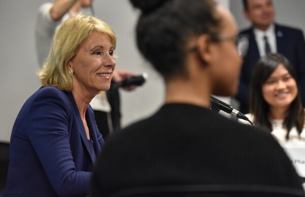 November 28, 2017 Atlanta - U.S. Secretary of Education Betsy DeVos talks to GSU students during Georgia State University Tour and Roundtable with Students at GSU Advisement Center on Tuesday, November 28, 2017. HYOSUB SHIN / HSHIN@AJC.COM