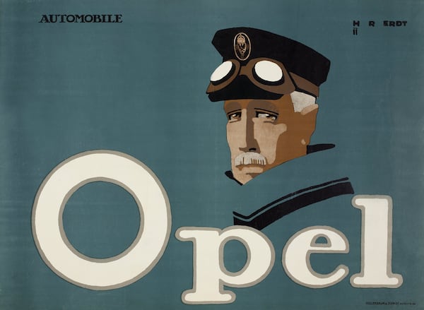 Selling the Opel car was the job of this Hans Rudi Erst poster, one of many in the High's exhibition "Disrupting Design: Modern Posters." Hans Rudi Erdt (German, 1883-1918), Opel, 1911, lithograph on paper, Merrill C.
Berman Collection
.