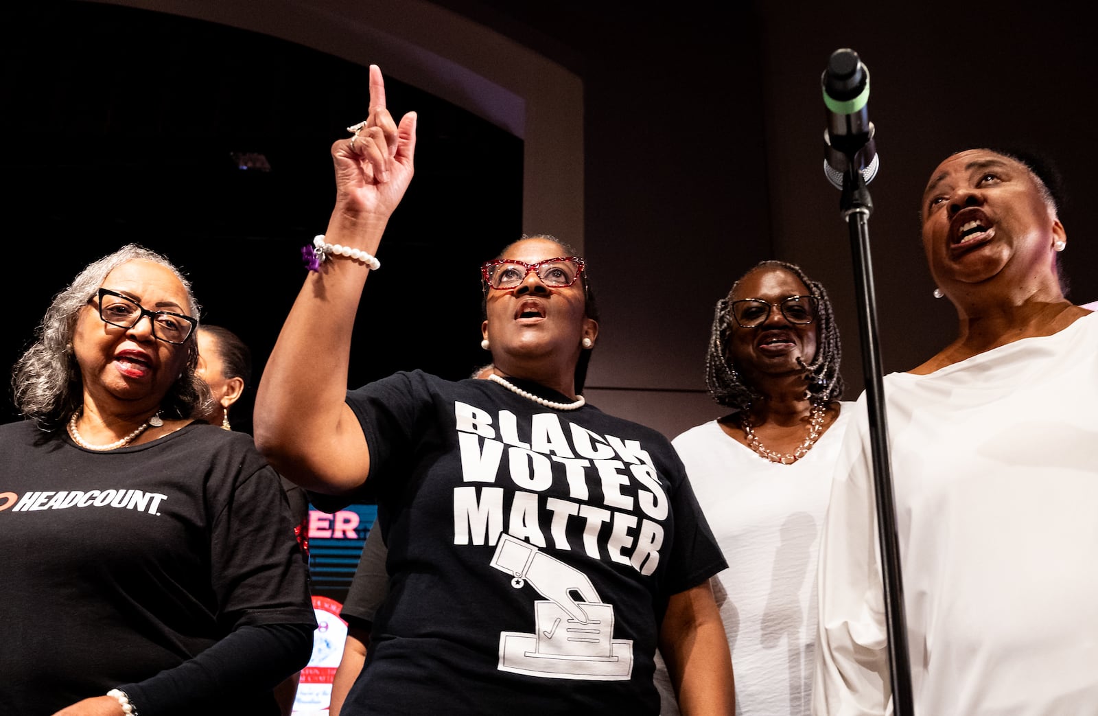 Members of the Voter Ensemble sing during an event at New Birth Missionary Baptist Church in Stonecrest, where Vice President Kamala Harris will visit on Sunday.