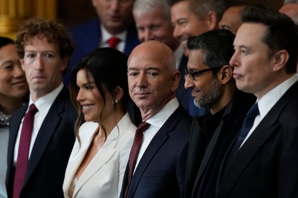 Guests including Mark Zuckerberg, Jeff Bezos, Sundar Pichai and Elon Musk, arrive before the 60th Presidential Inauguration in the Rotunda of the U.S. Capitol in Washington, Monday, Jan. 20, 2025. (AP Photo/Julia Demaree Nikhinson, Pool)