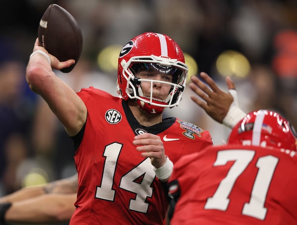 Georgia quarterback Gunner Stockton attempts a pass against Notre Dame in the Sugar Bowl.
