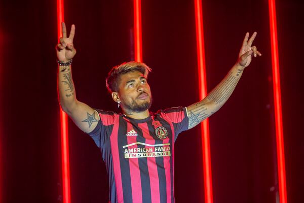 Atlanta United's Josef Martinez shows off the team's new kit during an unveiling Friday, Feb. 15, 2019, at Mercedes-Benz Stadium in Atlanta. (Alyssa Pointer/Alyssa.Pointer@ajc.com)