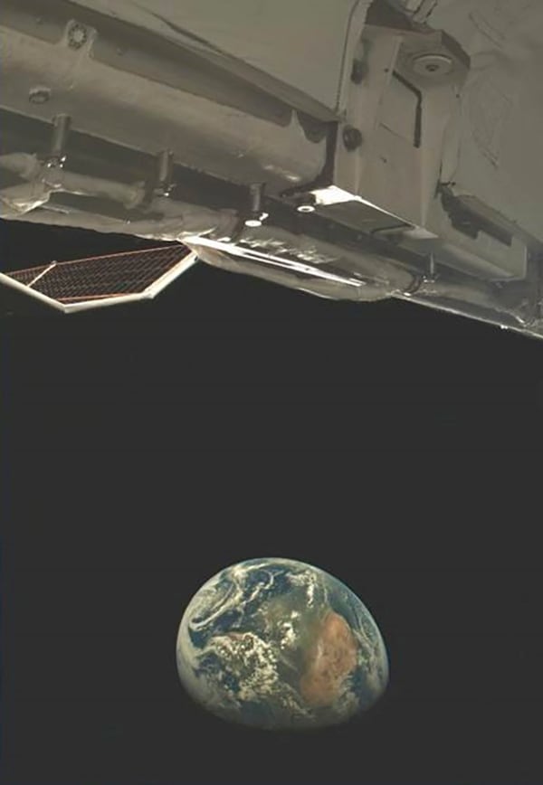 This image provided by United States Space Force on Feb. 21, 2025, shows an X-37B onboard camera, used to ensure the health and safety of the vehicle, captures an image of Earth while conducting experiments in HEO in 2024. (United States Space Force via AP)