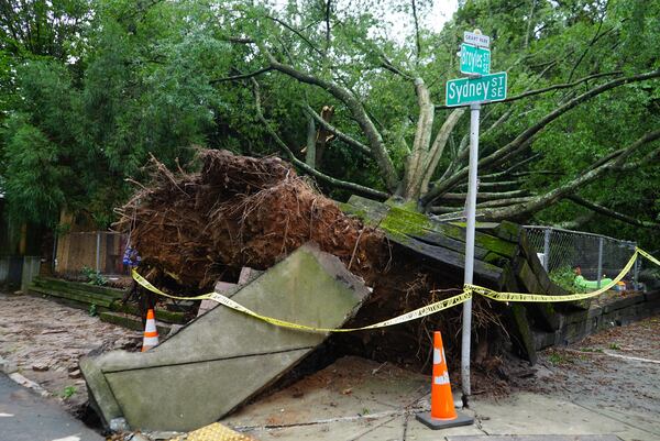 A massive tree that fell during thunderstorms on Thursday, September 14, 2023, on a playground used by the Grant Park Cooperative Preschool in Atlanta's Grant Park neighborhood is shown.