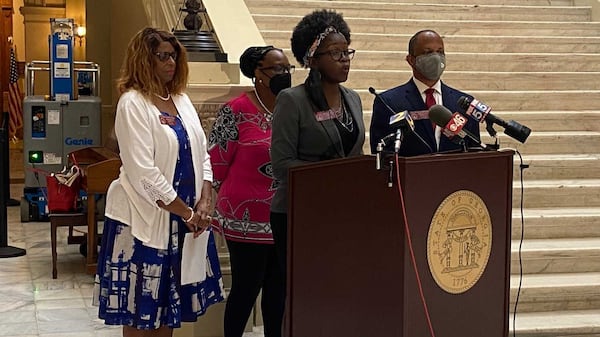 State Rep. Jasmine Clark, D-Lilburn, speaks during a Sept. 13, 2021 news conference at the Georgia state Capitol. Clark and others want Georgia's public colleges and universities to have greater decision-making authority for COVID-19 mitigation efforts. ERIC STIRGUS/ERIC.STIRGUS@AJC.COM.