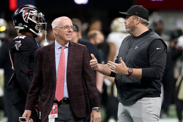 Atlanta Falcons President and CEO Rich McKay (left) said one upside for legalized sports gambling in Georgia is increased fan engagement. (JASON GETZ / jason.getz@ajc.com) 



