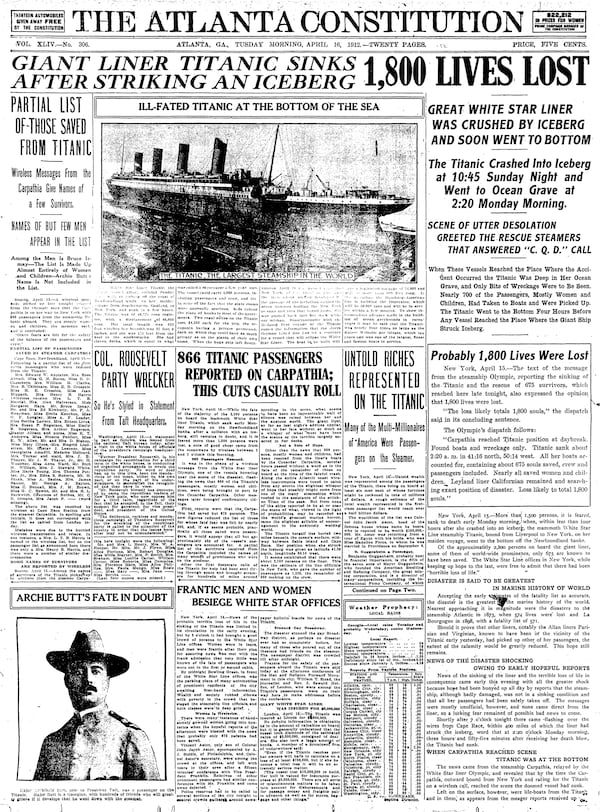 The Tuesday, April 16, 1912 edition of The Atlanta Constitution devotes almost its entire front page to the sinking of the Titantic ocean liner. (AJC Archive)