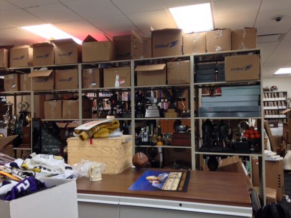 The view from the front of Stephens' office. The first row of shelving is full of assorted trophies. The table in the front actually has a lot of the Tech items that Stephens procured for me.