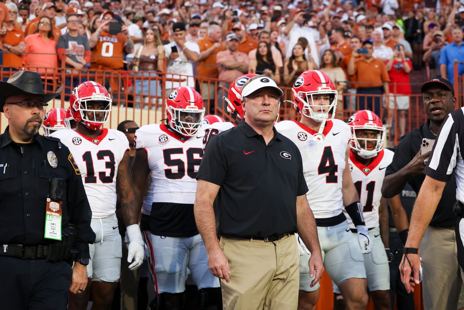 Georgia head coach Kirby Smart waits to run onto the field before their game against Texas at Darrel K Royal Texas Memorial Stadium, Saturday, October 19, 2024, in Austin, Tx. (Jason Getz / AJC)

