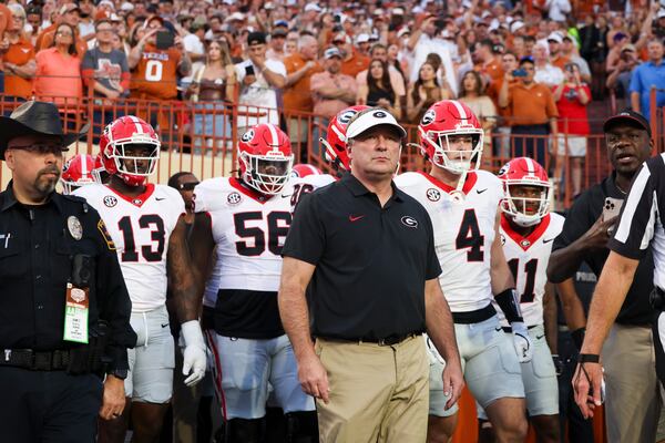 Georgia head coach Kirby Smart waits to run onto the field before their game against Texas at Darrel K Royal Texas Memorial Stadium, Saturday, October 19, 2024, in Austin, Tx. (Jason Getz / AJC)

