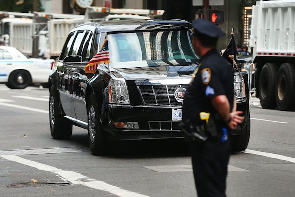 The lead car in President Donald Trump's motorcade departs Trump Tower on August 16, 2017 in New York City. (Photo by Spencer Platt/Getty Images)