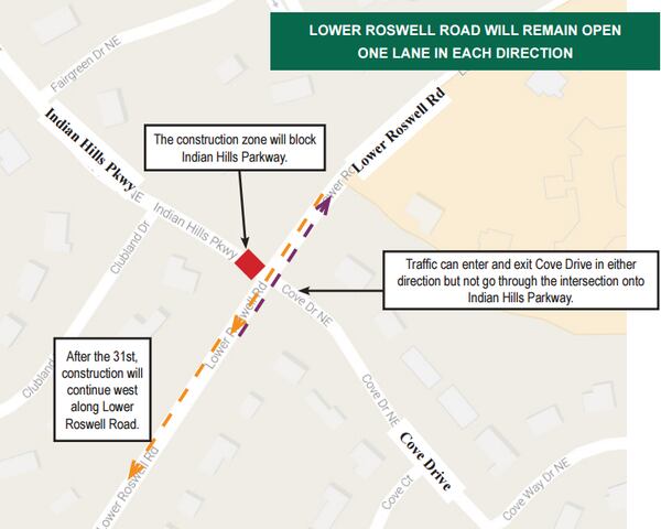 A map of the Halloween weekend 2016 lane closure at Indian Hills Parkway and Lower Roswell Road. Courtesy of the Cobb County-Marietta Water Authority.