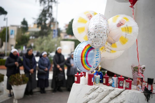 Nuns pray at the Agostino Gemelli Polyclinic, in Rome, Monday, Feb. 24, 2025 where Pope Francis is hospitalized since Friday, Feb. 14. (AP Photo/Alessandra Tarantino)