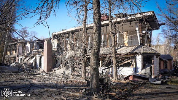 In this photo provided by the Ukrainian Emergency Services on Nov. 25, 2024, a building is seen destroyed by a Russian strike on a residential neighbourhood in Odesa, Ukraine. (Ukrainian Emergency Service via AP)