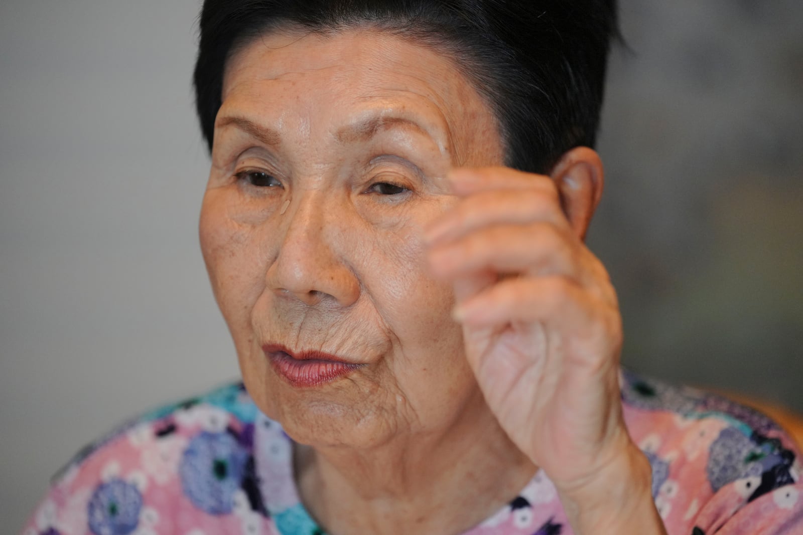 Hideko Hakamada, sister of Iwao Hakamada, speaks during an interview with The Associated Press in Hamamatsu, Shizuoka prefecture, central Japan, Thursday, Oct. 17, 2024. (AP Photo/Eugene Hoshiko)