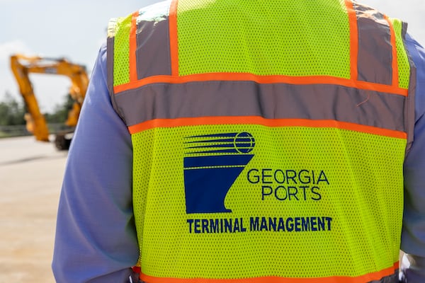 A worker wears a Georgia Ports safety vest at the Brunswick port facilities.