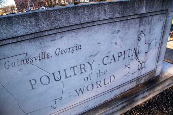 03/02/2021 Gainesville, Georgia  A monument celebrating Gainesvilles position as the Poultry Capitol of the World is displayed at Poultry Park in Gainesville, Tuesday, February 2, 2021. (Alyssa Pointer / Alyssa.Pointer@ajc.com)