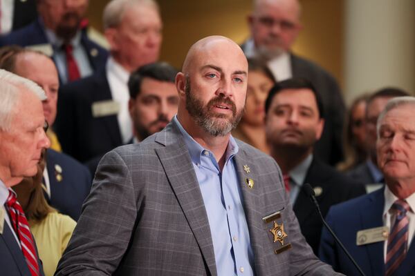 Barrow County Sheriff Jud Smith, who responded to the Apalachee High School shooting in September 2024, speaks during a news conference at the Capitol in Atlanta on Monday, Feb. 3, 2025. (Jason Getz/AJC)