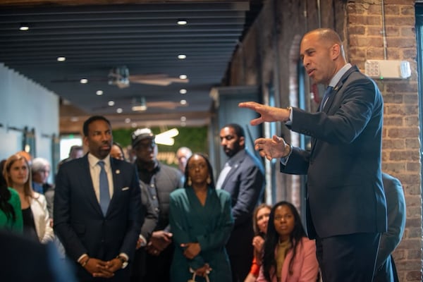 U.S. House Minority Leader Hakeem Jeffries visits the Ohio River South lobbying firm in downtown Atlanta on April 13, 2023. (The Atlanta Journal-Constitution)