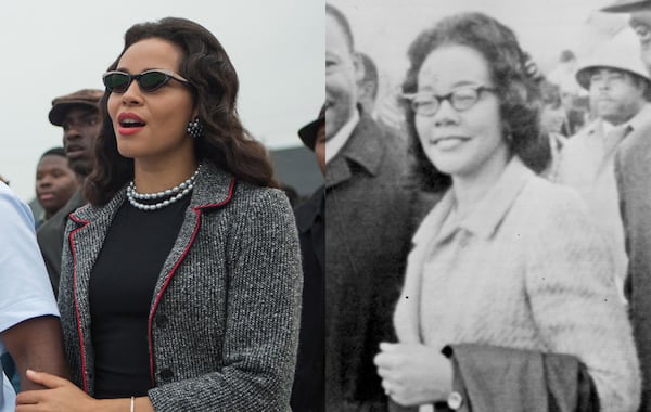 Coretta Scott King was played by Carmen Ejogo in "Selma." (Left photo: Atsushi Nishijima/Paramount Pictures. Right photo: AP file)