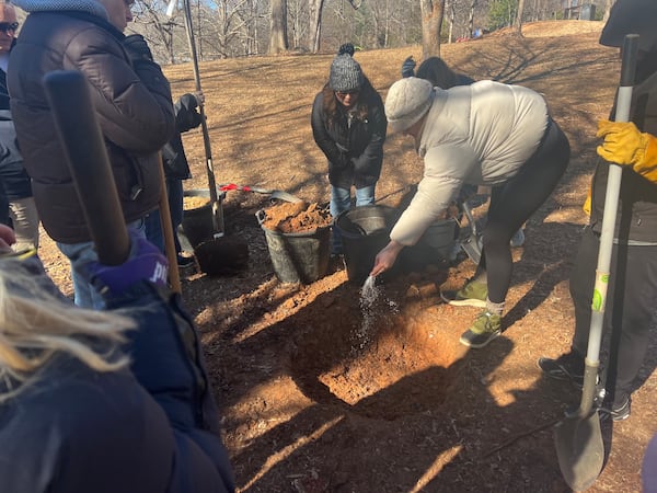 Family and friends of the Fogle family plant a native oak tree at Chastain Park in memory of Evander "Fletcher" Fogle II on Jan. 25. (Ashley Ahn/AJC)