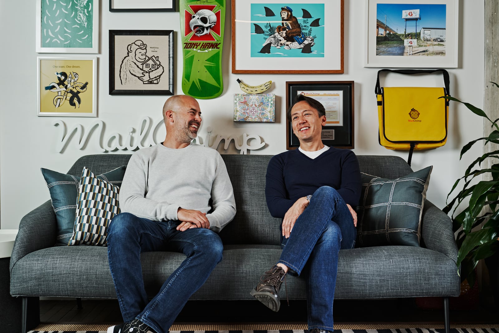 Mailchimp co-founders Dan Kurzius (left) and Ben Chestnut sit in their headquarters office at Ponce City Market in 2021.