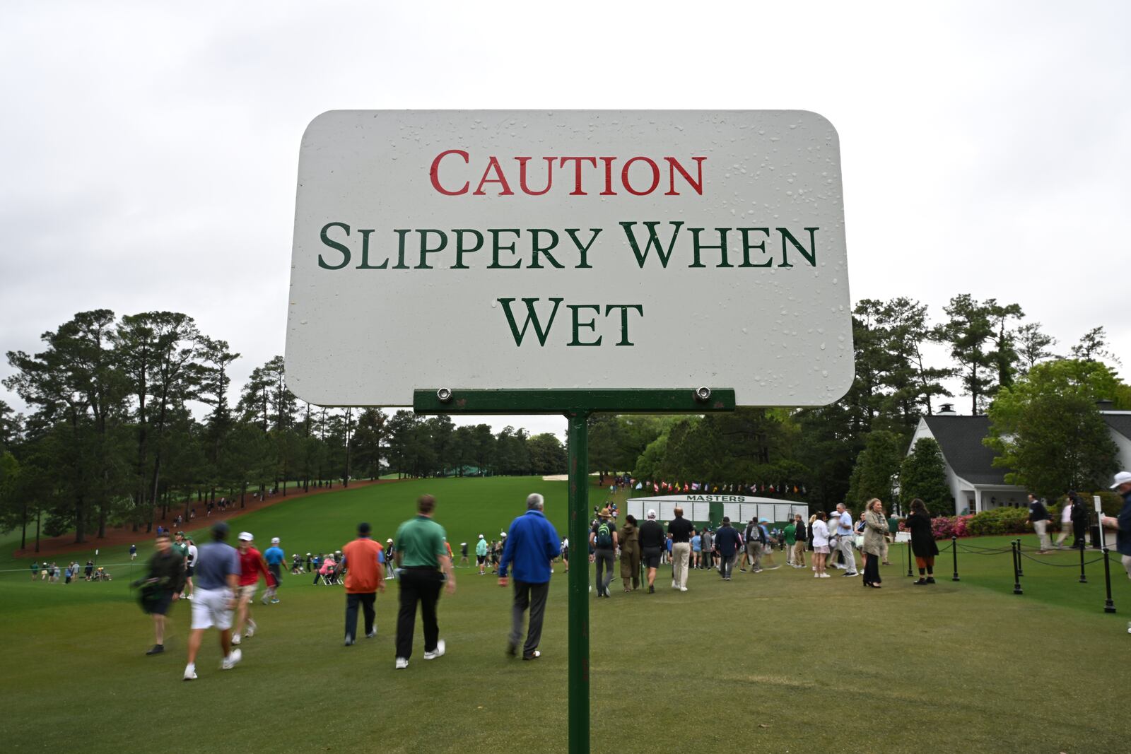 Augusta National Golf Club course is wet on the first day the 2024 Masters Tournament at Augusta National Golf Club, Thursday, April 11, 2024, in Augusta, Ga. (Hyosub Shin / Hyosub.Shin@ajc.com)
