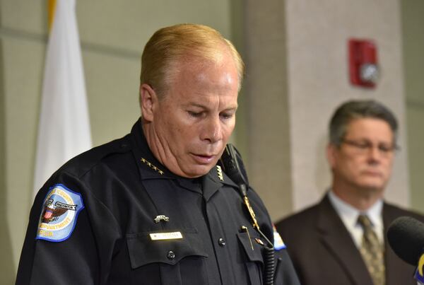 Cobb County Police Chief Mike Register pauses as he speaks during a press conference in Marietta on Thursday, August 31, 2017. He was announcing the termination of a 28-year veteran of the Cobb force. HYOSUB SHIN / HSHIN@AJC.COM