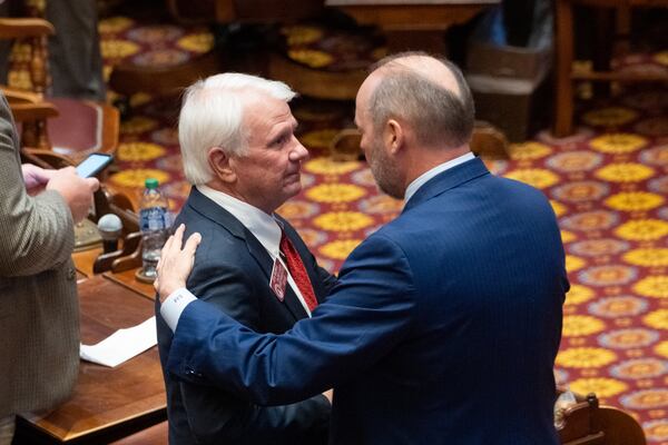 State Rep. Jon Burns, left, receives congratulations from state Rep. Barry Fleming, after winning the Republican nomination for House speaker. Burns has pledged to maintain the no-frills, conservative style that David Ralston displayed during his numerous years as speaker. But much about his leadership remains a mystery, starting with his ability to harness a thinner majority than Republicans enjoyed last year to pass key legislation over unified Democratic opposition. Ben Gray for The Atlanta Journal-Constitution