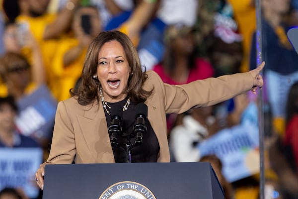 Democratic presidential candidate Kamala Harris speaks during her campaign rally at James R. Hallford Stadium in Clarkston on Thursday, October 24, 2024. (Arvin Temkar / AJC)