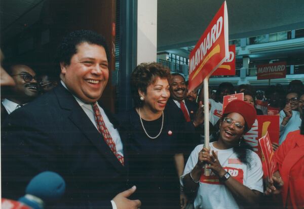 Maynard and Valerie Jackson and greet supporters after Maynard qualified for the 1989 mayoral race. Valerie Jackson says that her husband's decision to run for a third term wasn't an easy one but that he yearned "to go back into the public, to serve the masses of people. ... It might have eaten him alive if he had not done it." (Johnny Crawford/AJC file)