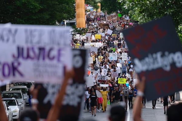 Protesters at Atlanta City Hall as demonstrations continued in Atlanta on Sunday, June 7, 2020.  Protests over the death of George Floyd in Minneapolis police custody continued around the United States, as his case renewed anger about others involving African Americans, police and race relations.     (Photo: Ben Gray for The Atlanta Journal-Constitution)