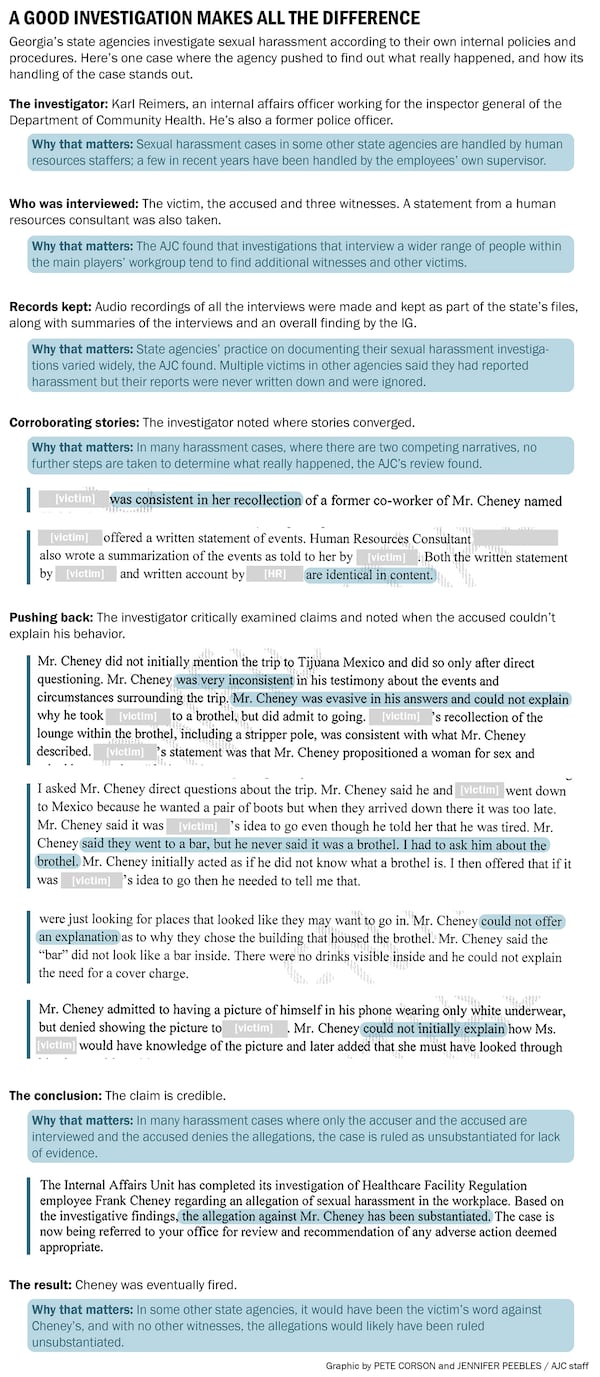 Georgia’s state agencies investigate sexual harassment according to their own internal policies and procedures. Here’s one case where the agency pushed to find out what really happened, and how its handling of the case stands out.