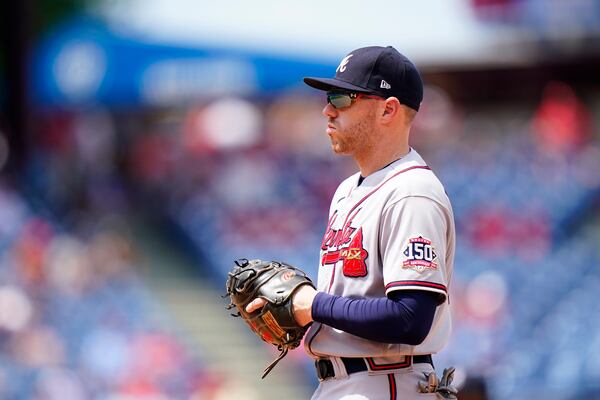 Atlanta Braves' Freddie Freeman plays during a baseball game against the Philadelphia Phillies, Thursday, June 10, 2021, in Philadelphia. (AP Photo/Matt Slocum)