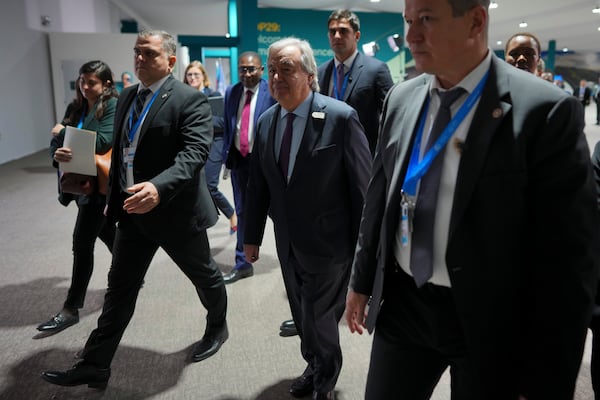 Antonio Guterres, United Nations secretary-general, arrives for a news conference at the COP29 U.N. Climate Summit, Thursday, Nov. 21, 2024, in Baku, Azerbaijan. (AP Photo/Peter Dejong)