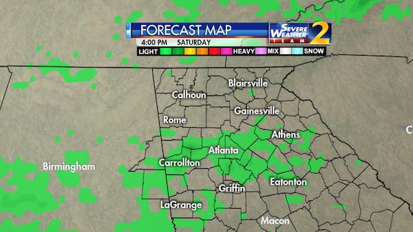 There is a 20 percent chance of rain Saturday. (Credit: Channel 2 Action News)