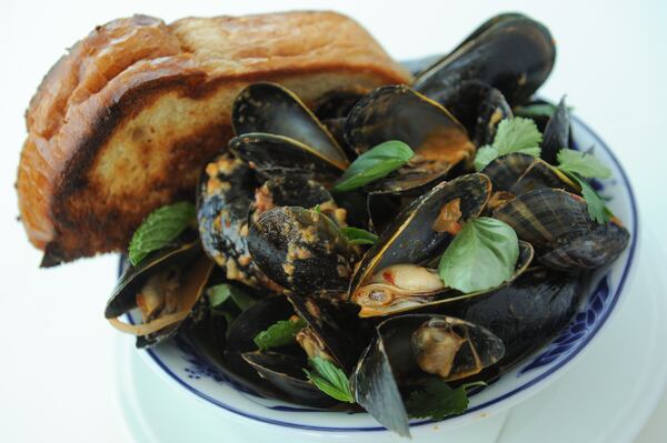 Mussels with kimchi cream and toast. (Beckystein.com)