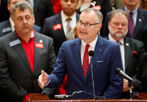 3/6/18 - Atlanta - Lt. Gov. Casey Cagle, surrounded by supporters, addresses the media after he qualified to run for governor this afternoon.  Qualifying for Georgia's 2018  elections began Monday and runs through Friday.  Georgia has races for Governor, Lieutenant Governor and other statewide posts, and every congressional seat nationwide is up for a vote in November.  BOB ANDRES  /BANDRES@AJC.COM