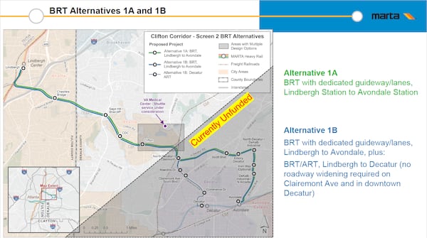 MARTA has narrowed its options for the Clifton Corridor transit line to two rapid bus options.