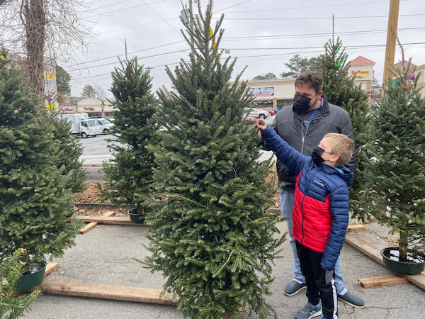 Adam Ellsworth and his son, Isaiah, eyed a six-foot-tall Christmas tree at Tradition Trees in Druid Hills this week. 'We wanted to get a real tree again, like we always do, to brighten up the season,' said Ellsworth.