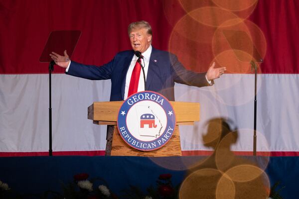 Former President Donald Trumps speaks during the GOP Convention at the Columbus Georgia Convention & Trade Center on Saturday, June 10, 2023. (Natrice Miller/natrice.miller@ajc.com)