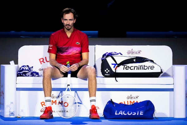 Daniil Medvedev looks on during a break in the singles tennis match of the ATP World Tour Finals against Taylor Fritz, of the United States, at the Pala Alpitour, in Turin, Italy, Sunday, Nov. 10, 2024. (Marco Alpozzi/LaPresse via AP)