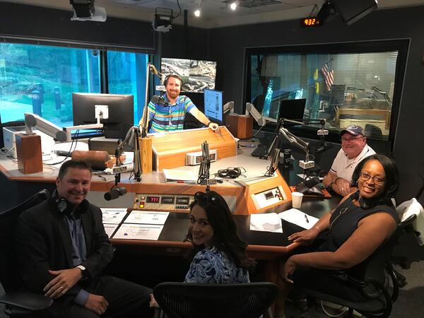 The WSB Traffic Team and GDOT host the Triple Team Traffic special on WSB Radio on May 23rd, 2019. (L-R): Tim Matthews, Doug Turnbull, Natalie Dale, Marla Clowers, and Smilin’ Mark McKay.