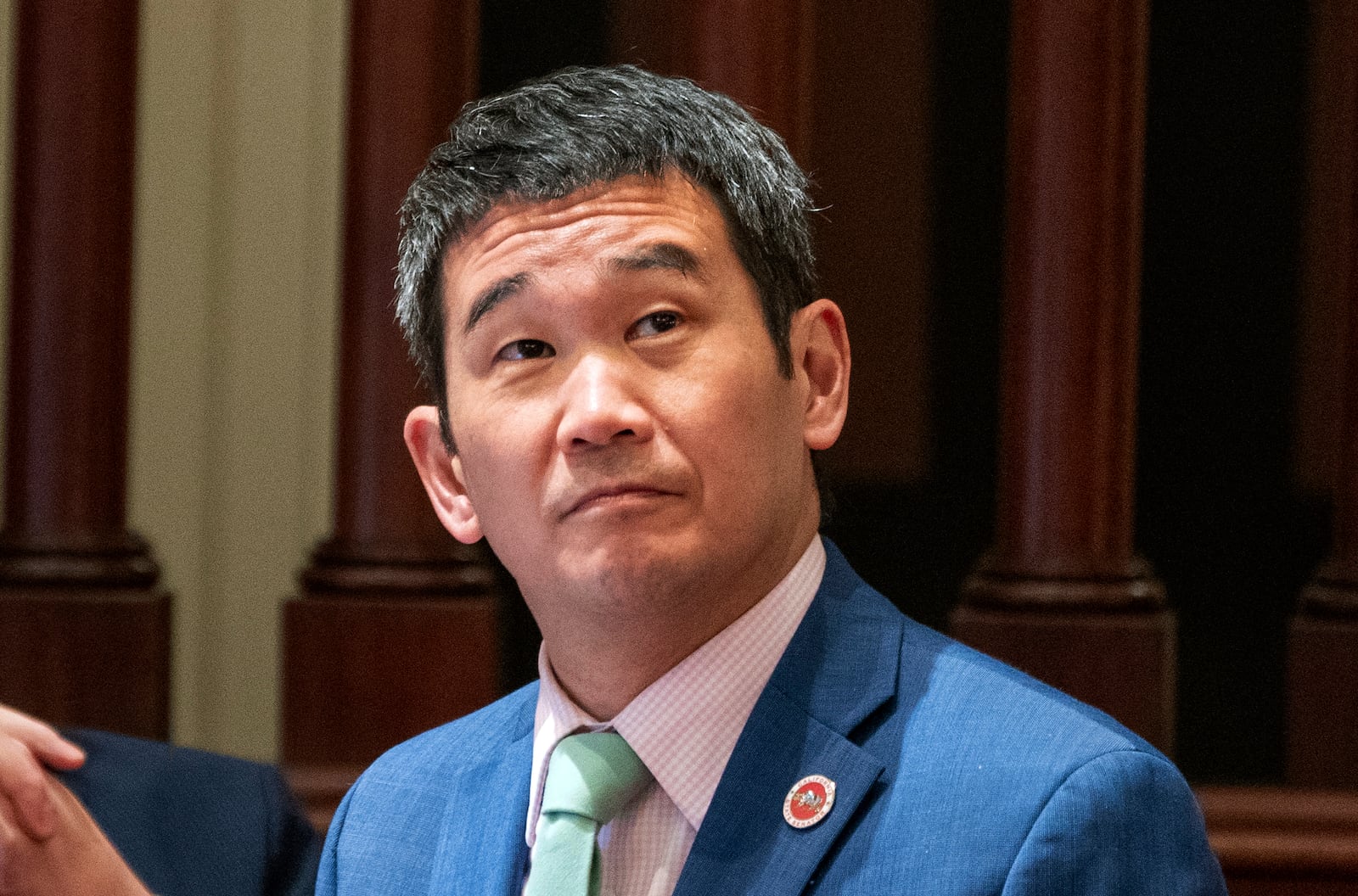 FILE - State Sen. Dave Min, D-Irvine, listens as lawmakers discuss a bill before the Senate at the Capitol in Sacramento, Calif., July 10, 2023. (AP Photo/Rich Pedroncelli, File)